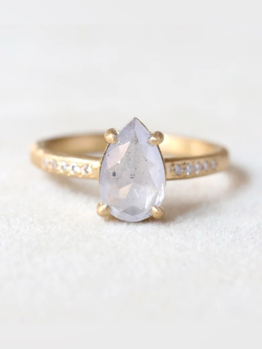 Yasuko Azuma 18k gold rose cut natural milky gray/blue pear diamond ring, size 7
